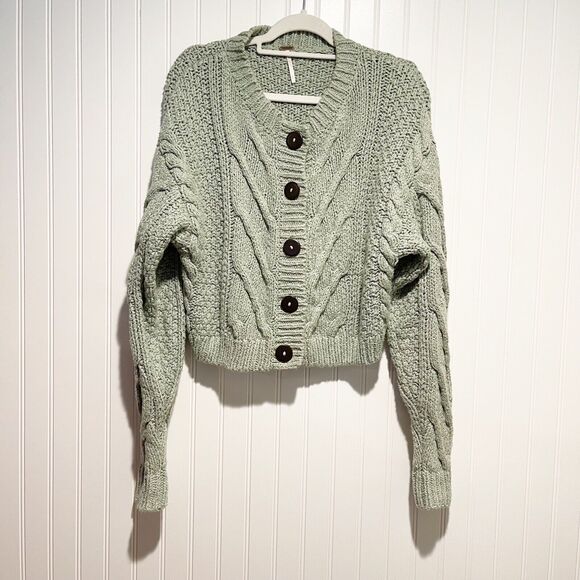 Free People Bonfire Cardi Mint Green Cableknit Size Small - Picture 3 of 9